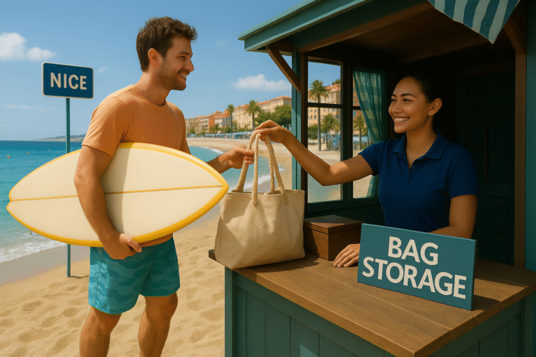 Barefoot tourist in beachwear handing a surfboard and tote bag to a smiling staff member at a sunny coastal luggage storage shack in Nice, with the turquoise Mediterranean Sea sparkling in the background. luggage storage in Nice near Promenade des Anglais