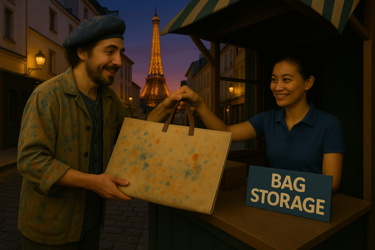 Artist in paint-stained clothes handing a canvas portfolio to a friendly staff member at a luggage storage facility near Montmartre in Paris, with the Eiffel Tower shimmering in the twilight background.