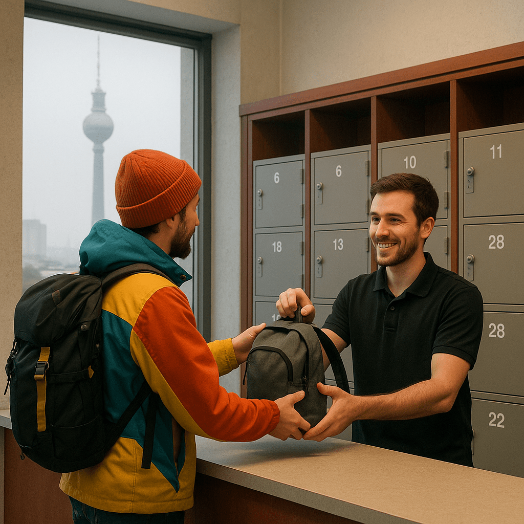 Solo backpacker in a colorful jacket talking to a helpful staff member at a standard luggage storage counter in Berlin, with the TV Tower visible in the misty skyline.