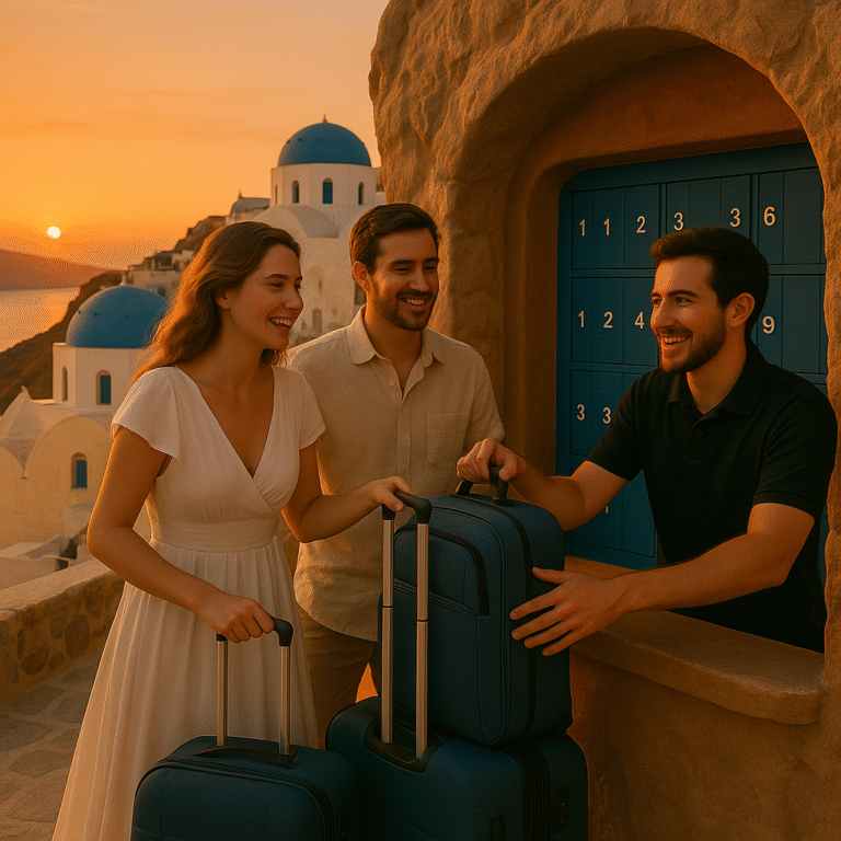 Young honeymoon couple smiling as they hand rolling suitcases to a courteous clerk at a cozy cliffside storage shop carved into volcanic rock in Santorini, with the caldera and white domes glowing at sunset. luggage storage in Santorini