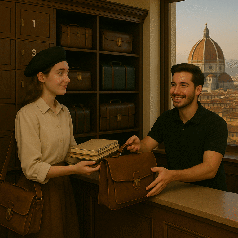 Young art student wearing a beret handing sketchbooks and a leather satchel to a staff attendant at a Renaissance-style storage shop in Florence, with the Duomo rising above the historic city skyline. Luggage Storage in Florence