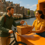 Cheerful tourist in a light jacket handing a picnic basket to a staff member at a tidy wooden storage booth near Amsterdam canals, with colorful flower markets and houseboats enhancing the bright and lively scene. Luggage Storage in Amsterdam