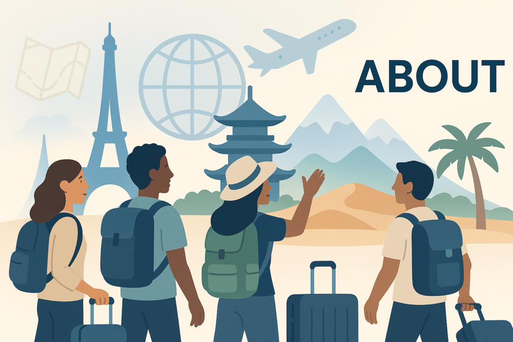Travelers exploring global landmarks with a globe and airplane in a flat-style illustration – TripGuide About Page Banner