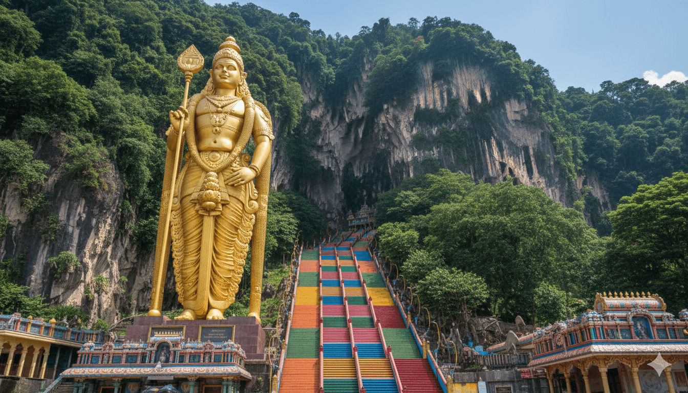 Colorful staircase leading to Batu Caves with towering Murugan statue and limestone backdrop