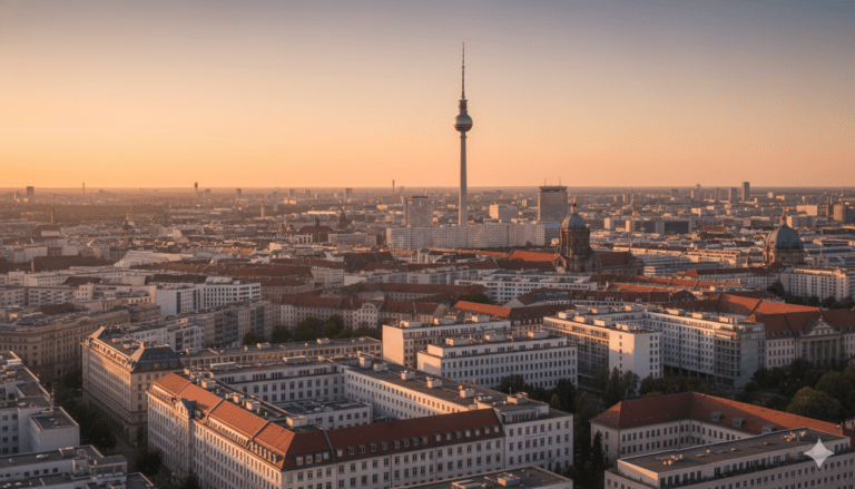 Berlin skyline with the Fernsehturm rising above the city at golden hour