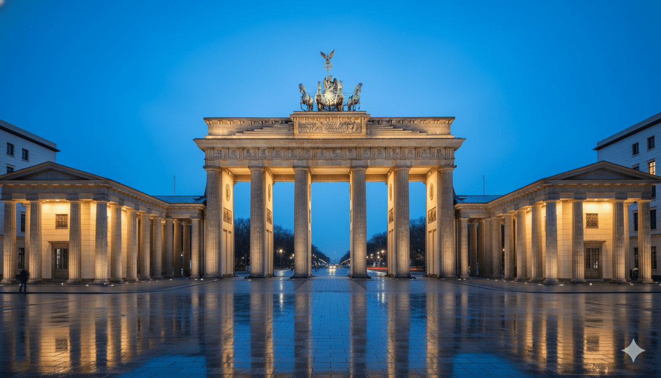 Brandenburg Gate at blue hour with Pariser Platz in Berlin