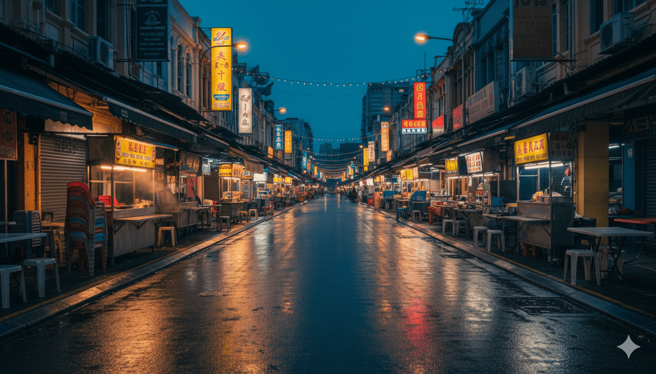 Evening atmosphere in Bukit Bintang and Jalan Alor with bright street lights and outdoor dining scene