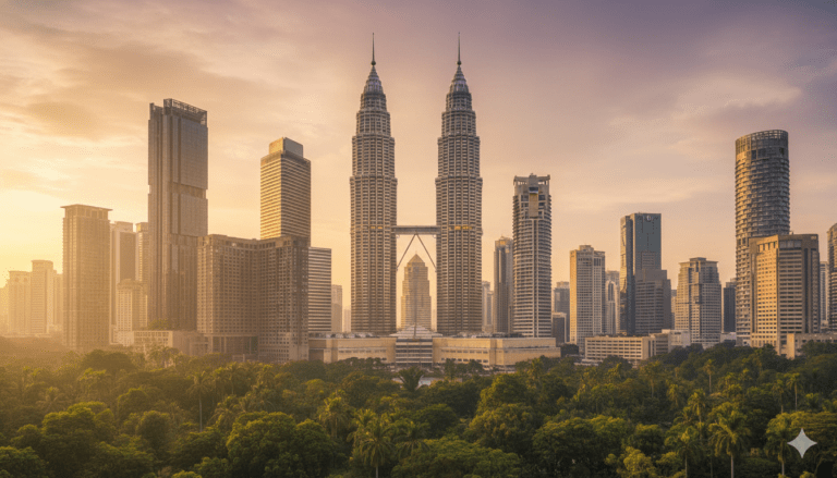 Kuala Lumpur skyline with modern towers and dense cityscape under clear daylight