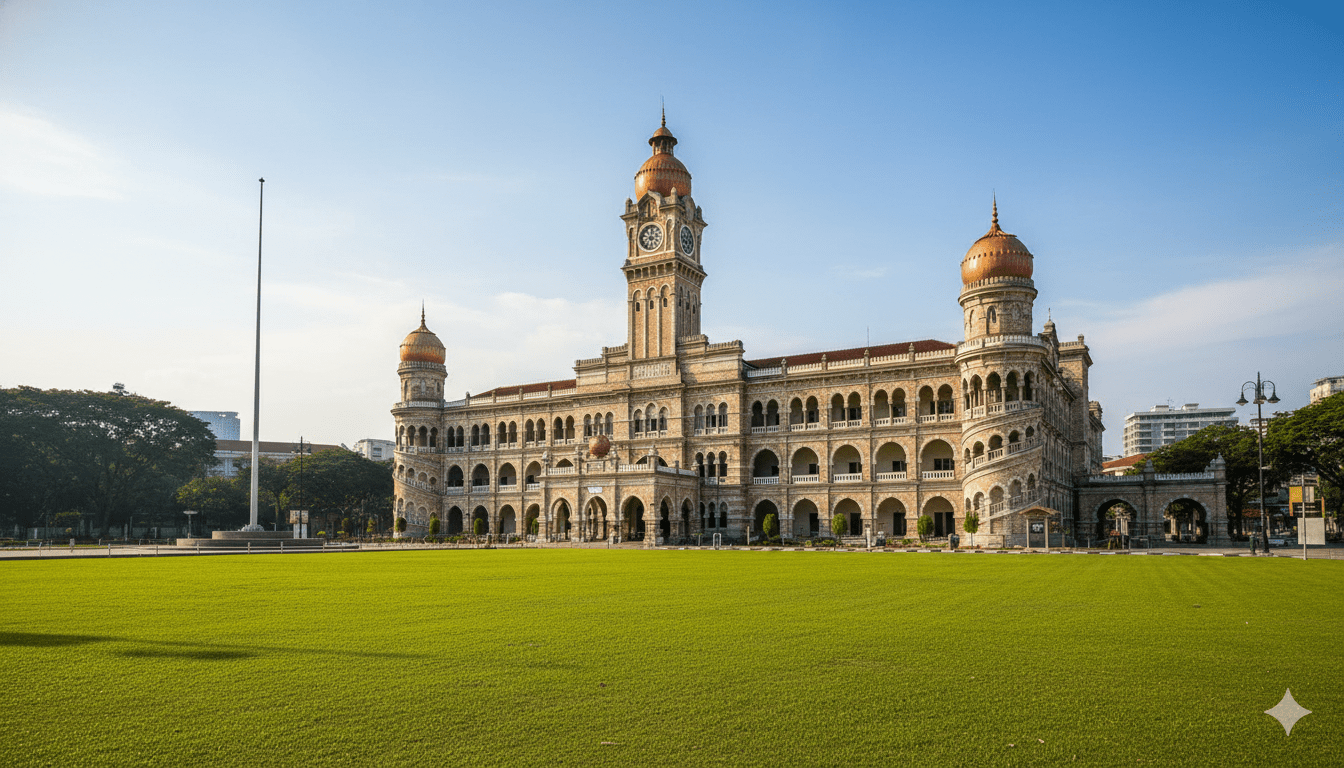 Merdeka Square in Kuala Lumpur with heritage buildings, open lawn, and colonial-era architecture