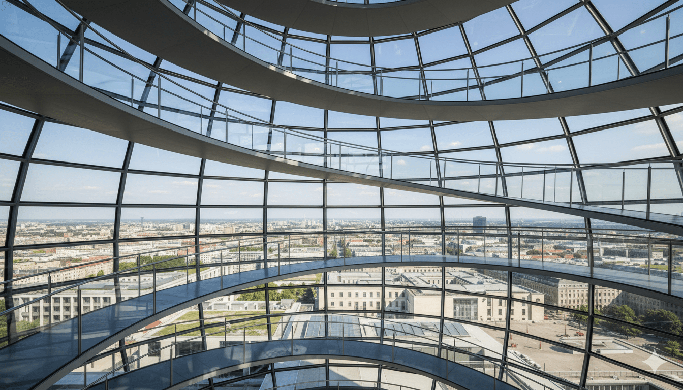 Glass dome of the Reichstag with Berlin skyline beyond