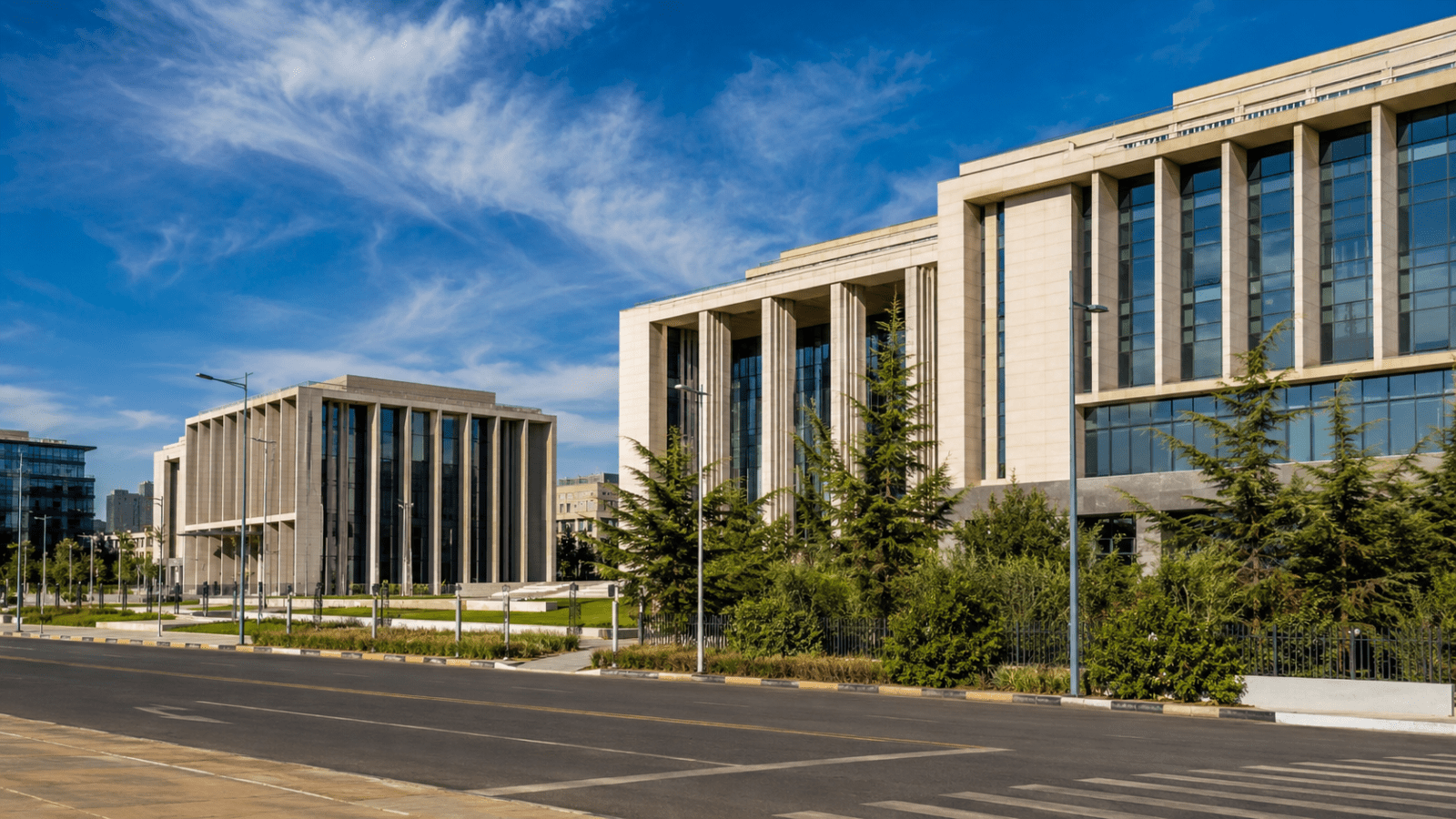 Modern African Union district architecture in Addis Ababa under clear daylight