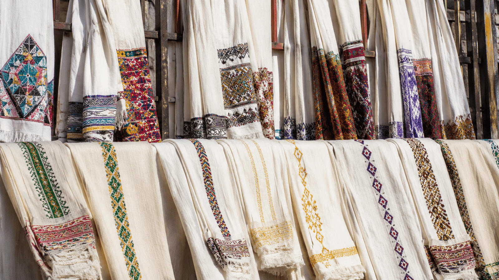 Traditional Ethiopian textiles displayed at Shiromeda Market in Addis Ababa