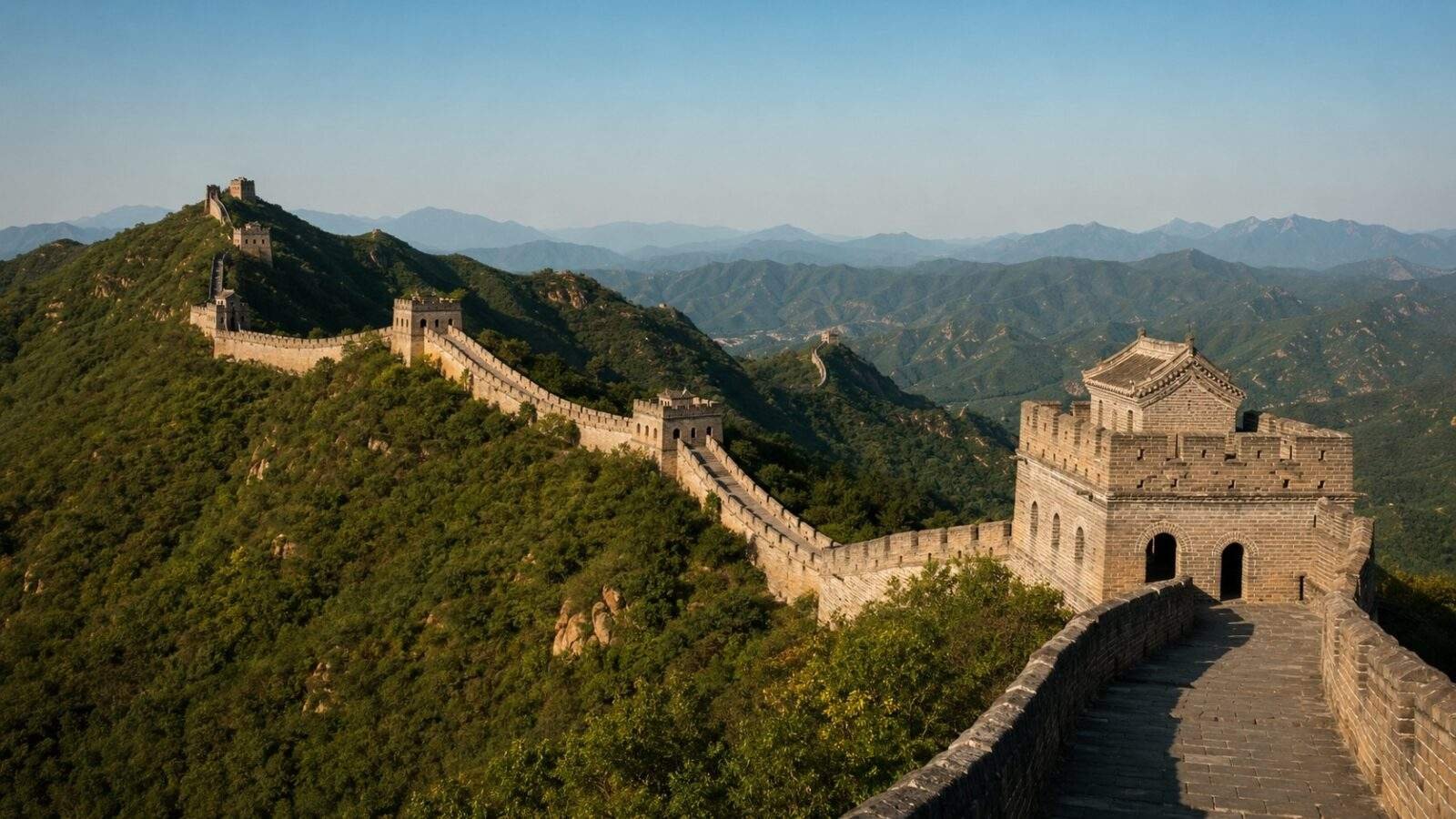 Mutianyu Great Wall watchtowers following green mountain ridges near Beijing