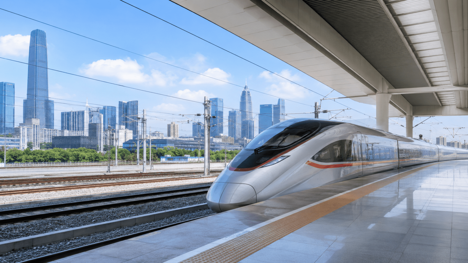 Modern Chinese city skyline and high-speed rail station in natural daylight