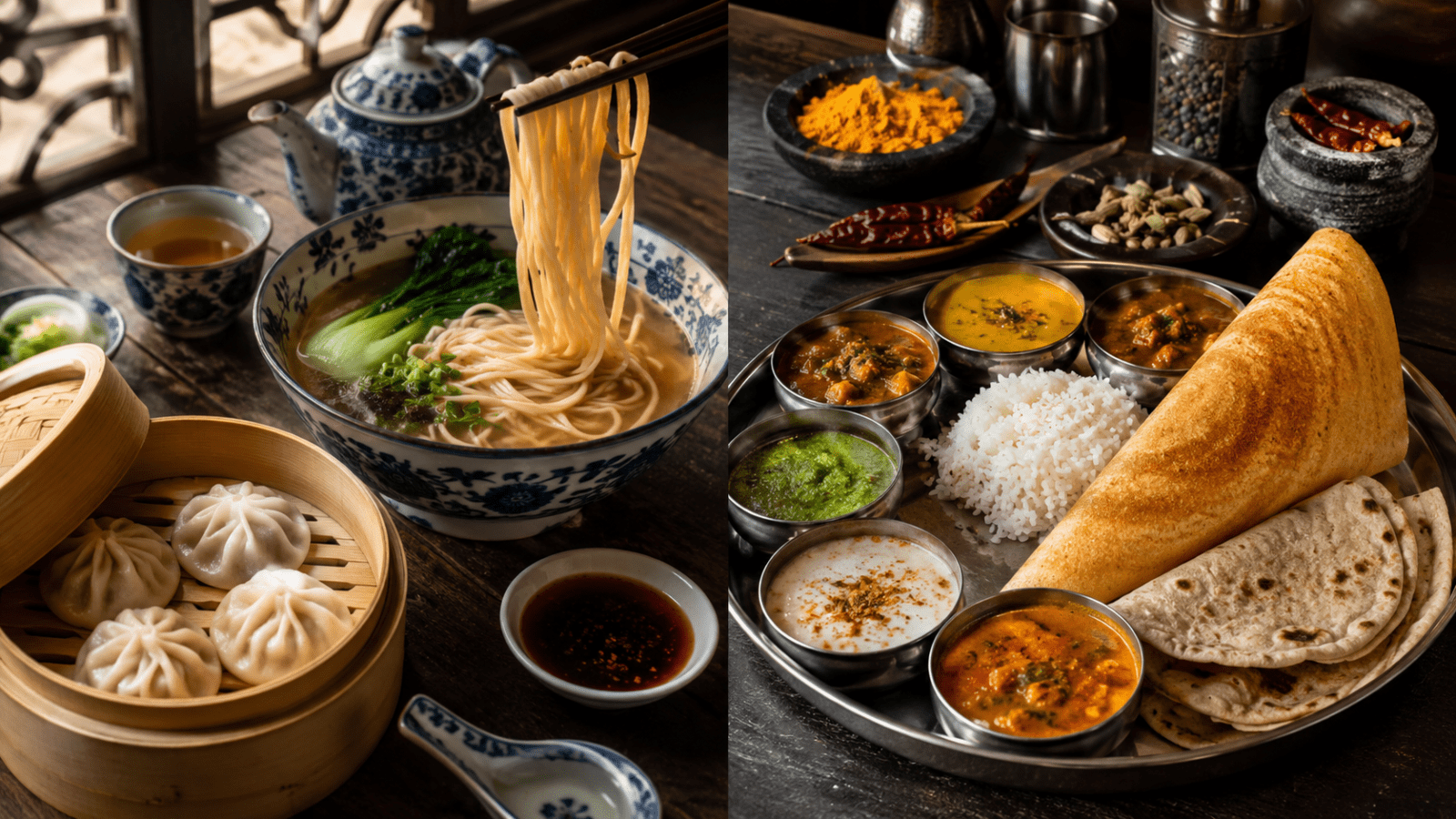 Editorial travel food scene comparing Chinese noodles and Indian thali dishes