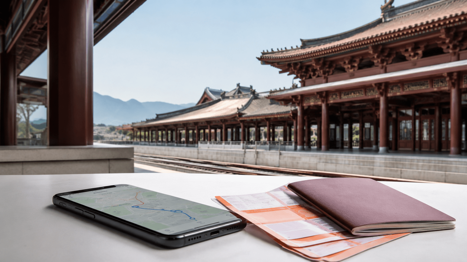 Traveler smartphone with maps and payment apps near Asian train station architecture