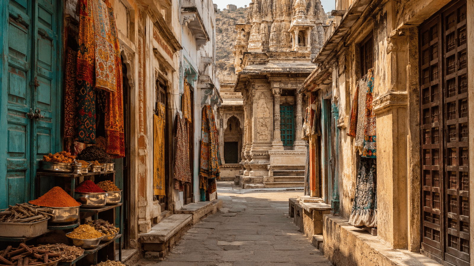 Indian market street near historic temple architecture in warm daylight