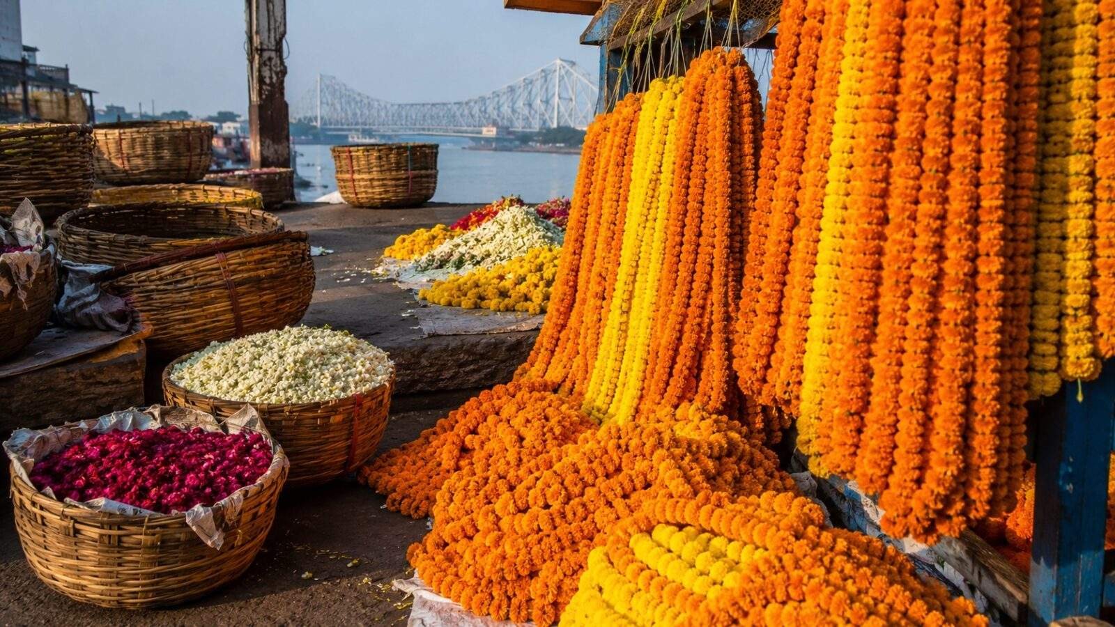 Marigold flowers at Mallik Ghat Flower Market near Howrah Bridge in Kolkata