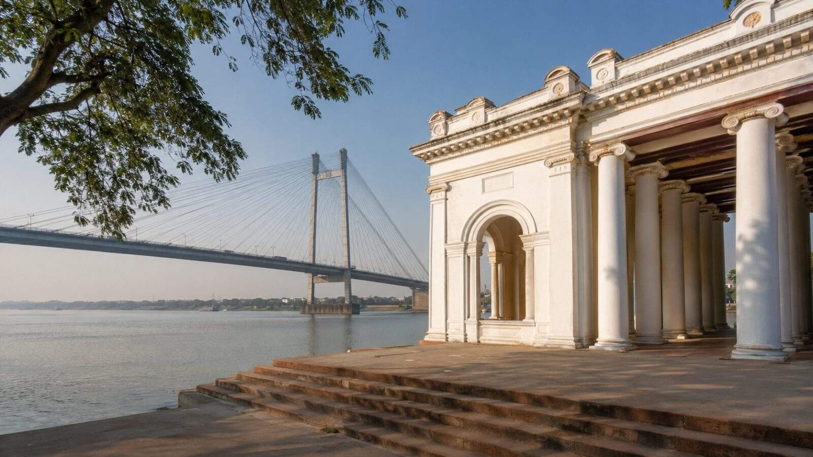Prinsep Ghat with Vidyasagar Setu in Kolkata during soft daylight