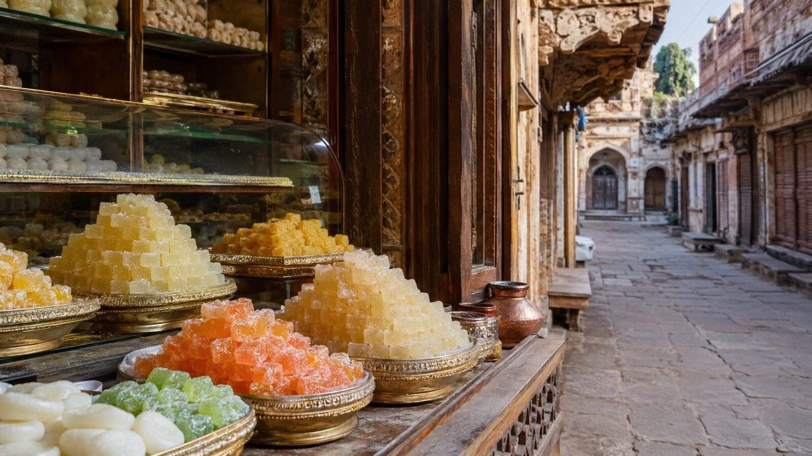 Agra market lane with petha sweets and traditional shopfronts in daylight