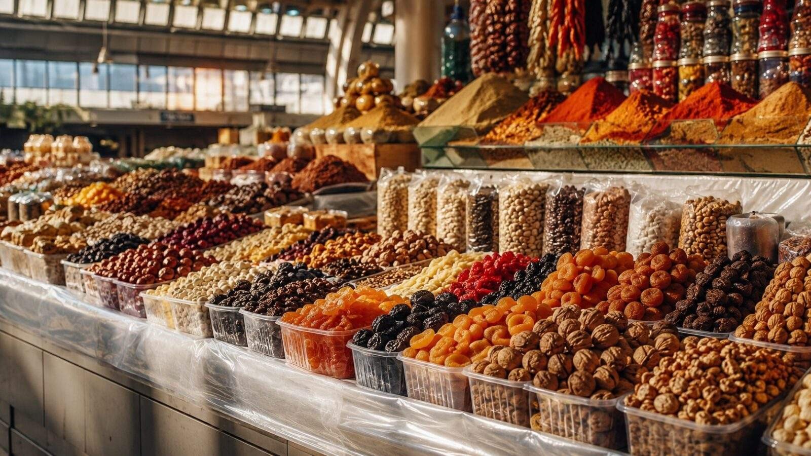 Green Bazaar in Almaty with dried fruits nuts and local produce