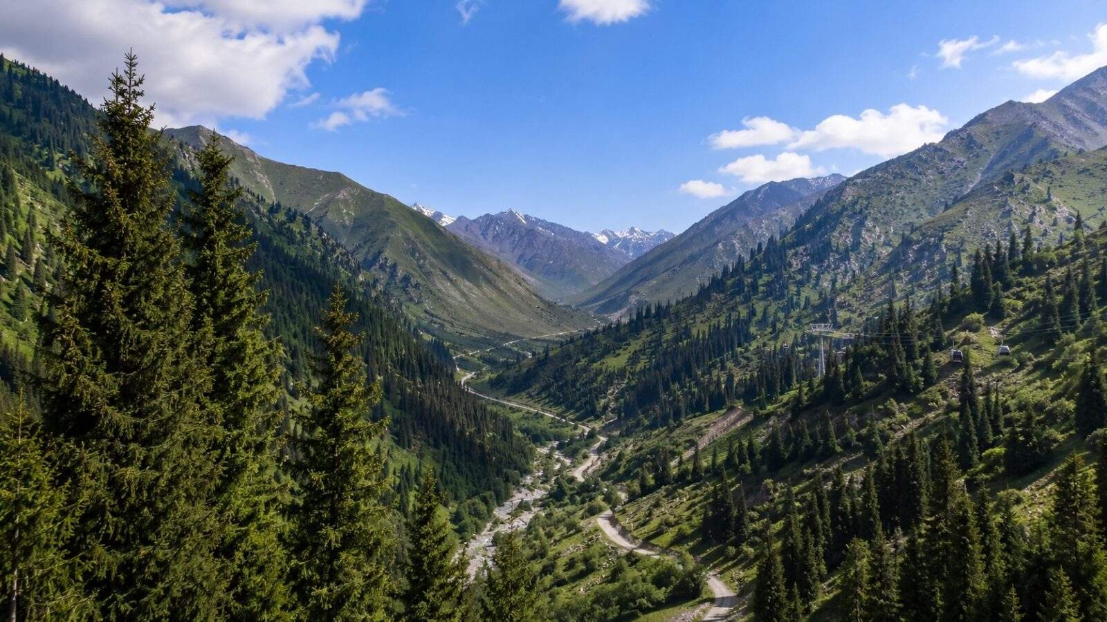 Medeu and Shymbulak mountain valley near Almaty in clear daylight