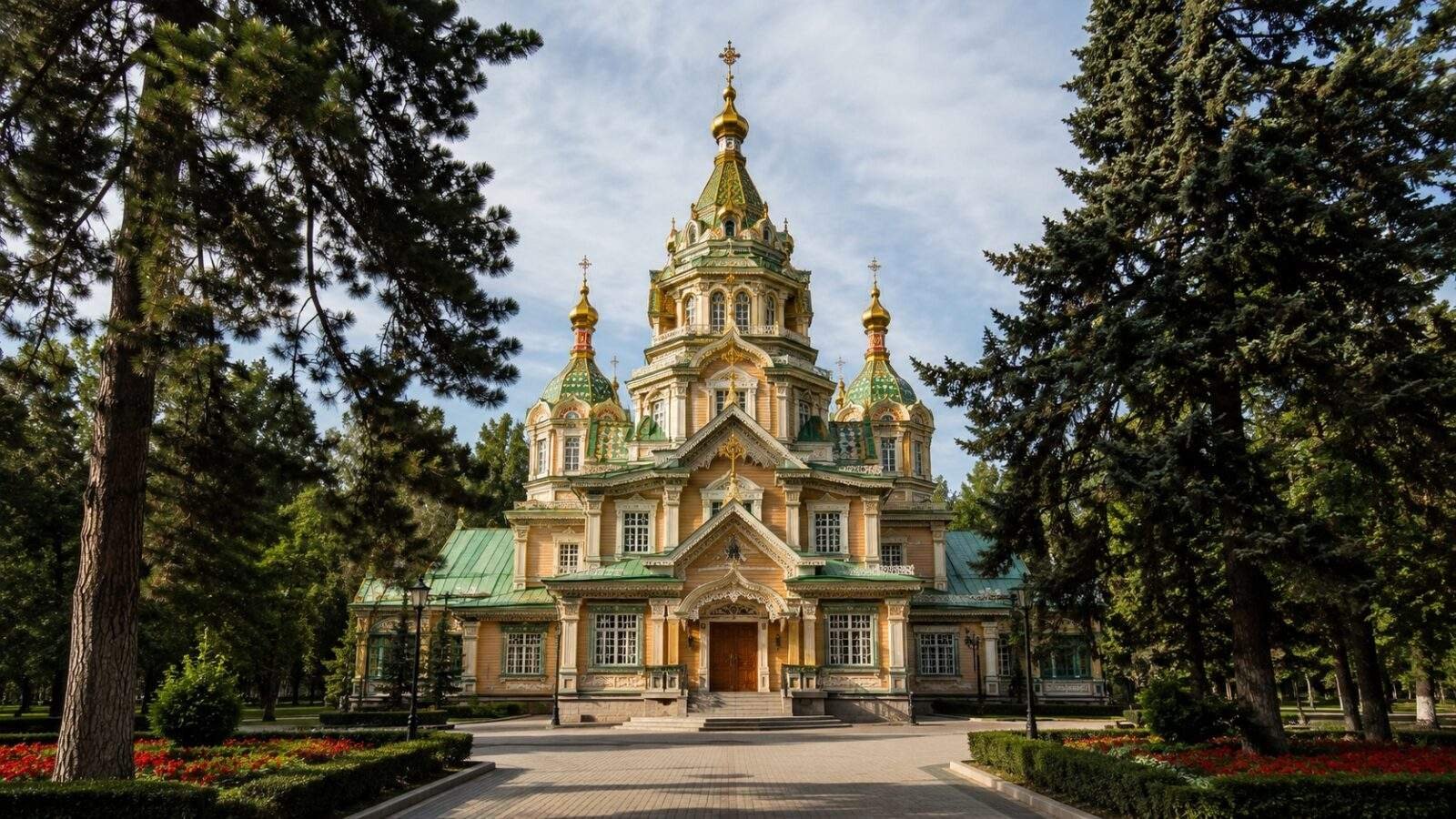 Ascension Cathedral in Panfilov Park in Almaty under natural daylight