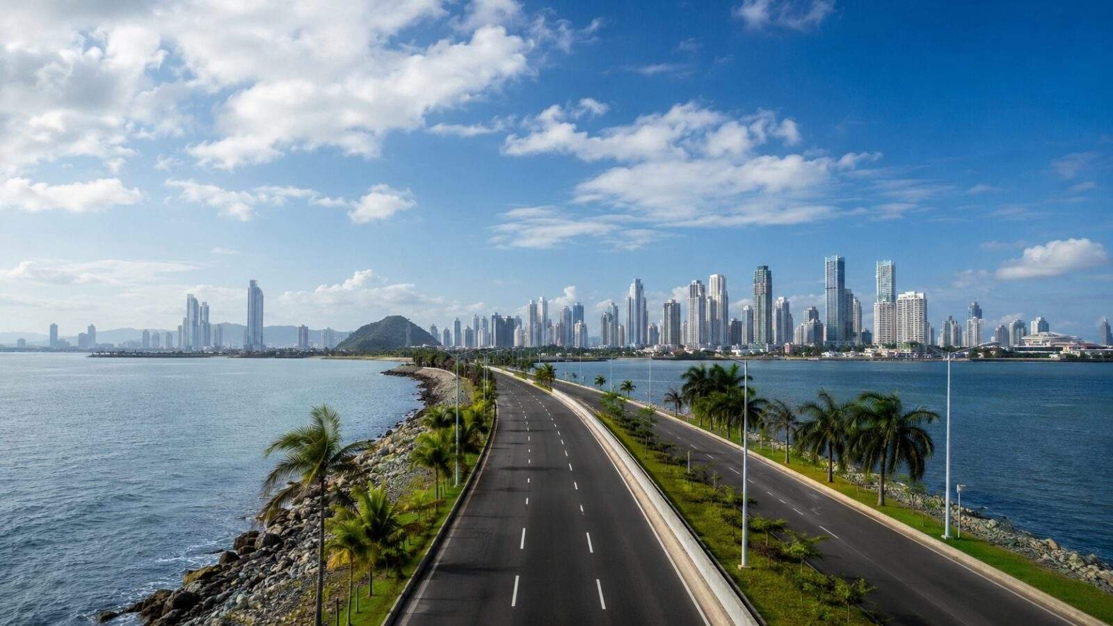 Amador Causeway in Panama City with Pacific Ocean and skyline views