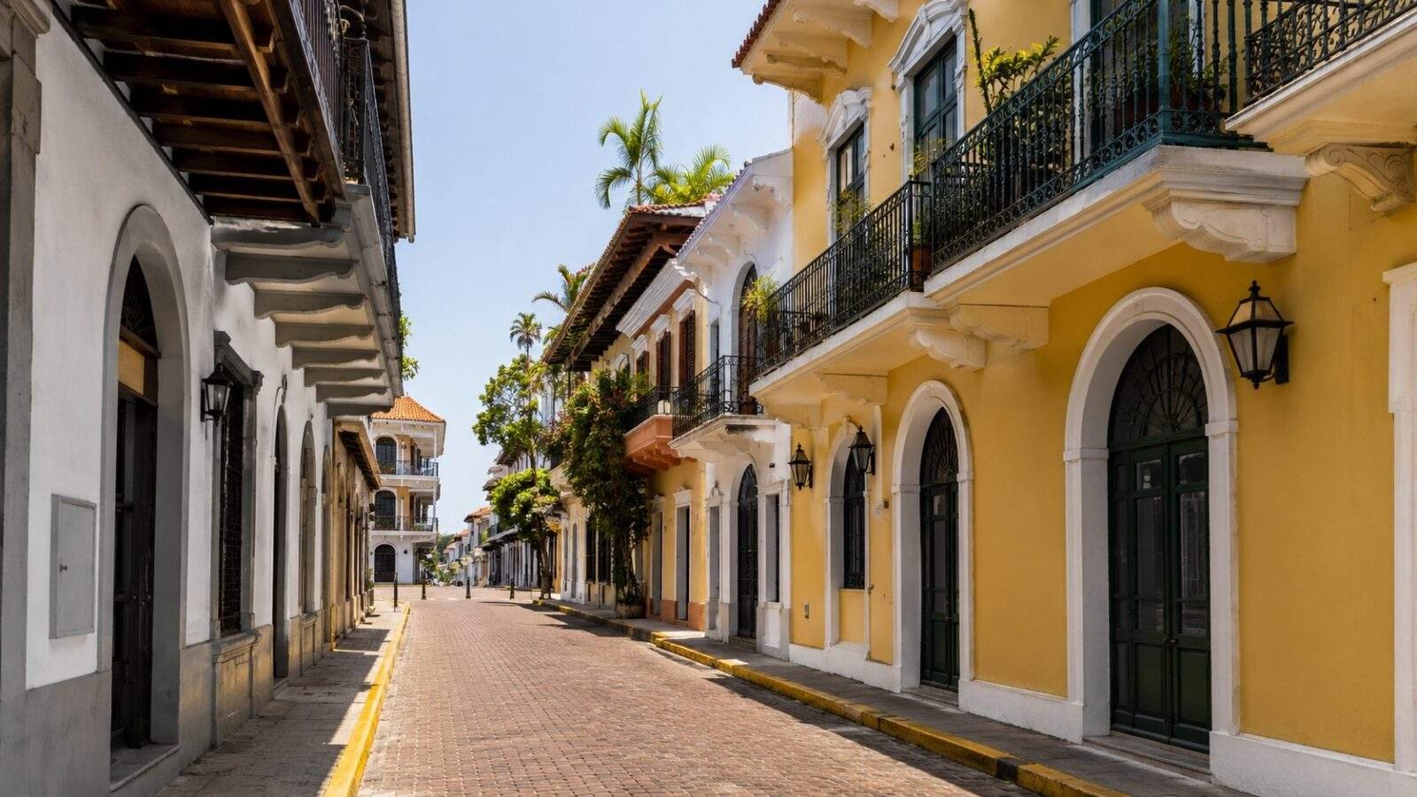 Colorful colonial buildings and cobblestone street in Casco Antiguo Panama City