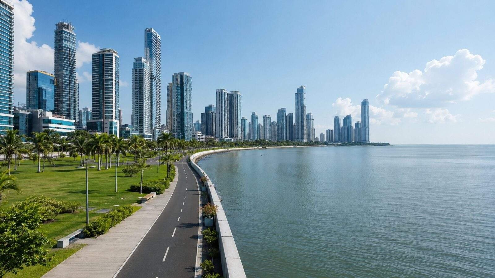 Cinta Costera waterfront promenade with Panama City skyline beside the bay