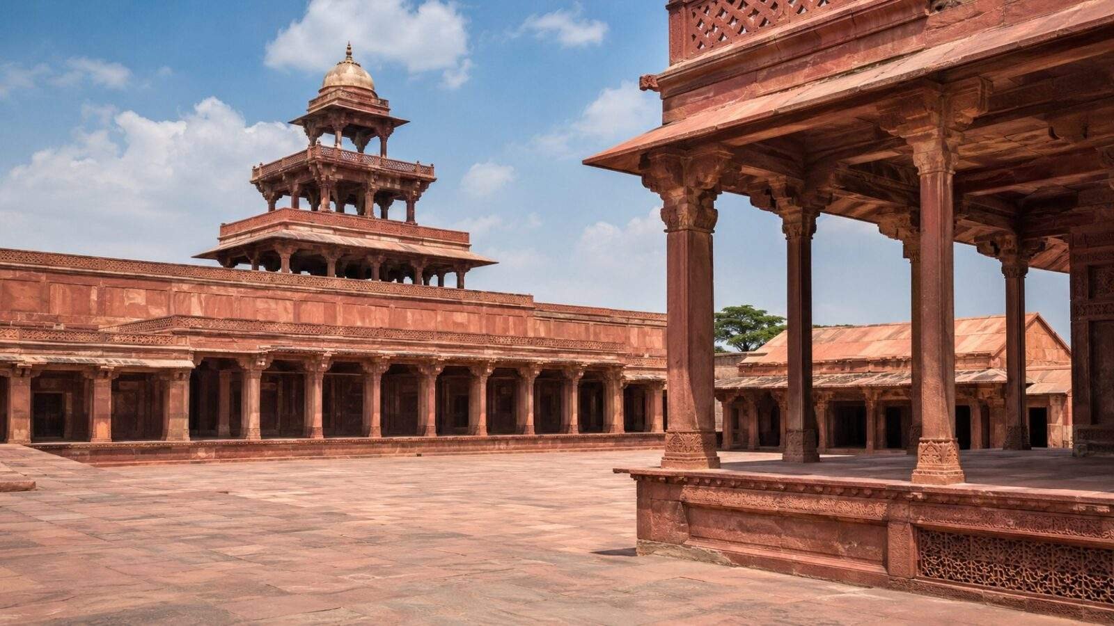 Fatehpur Sikri palace courtyard in red sandstone near Agra