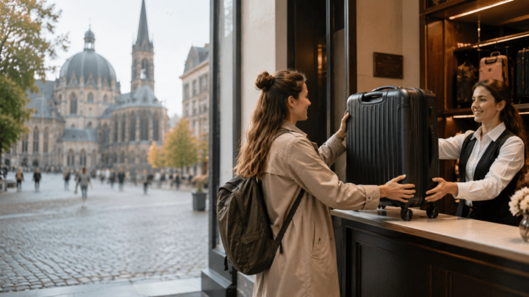 Traveler using luggage storage in Aachen before exploring the cathedral and old town