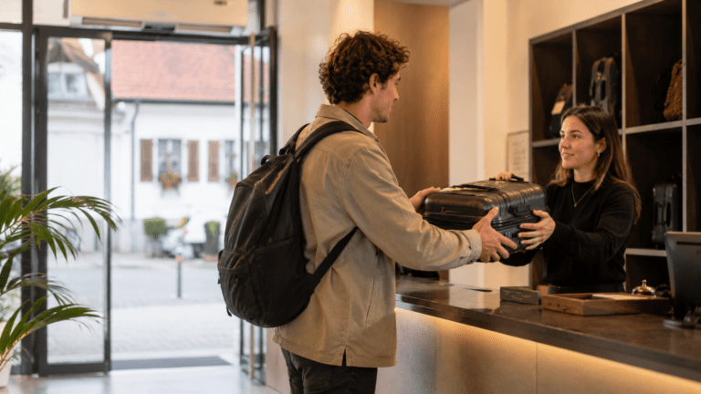 Traveler using luggage storage in Altenstadt near transit stops and central routes