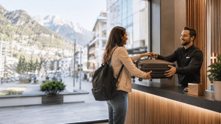 Traveller using luggage storage before exploring Andorra la Vella city centre