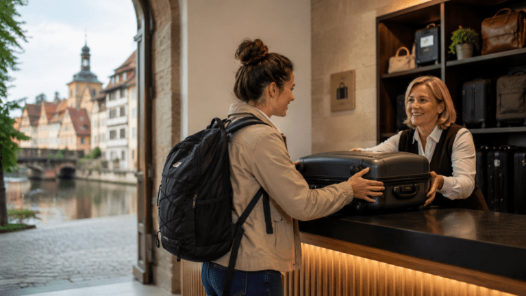 Traveler using luggage storage in Bamberg before exploring the old town and brewery trail
