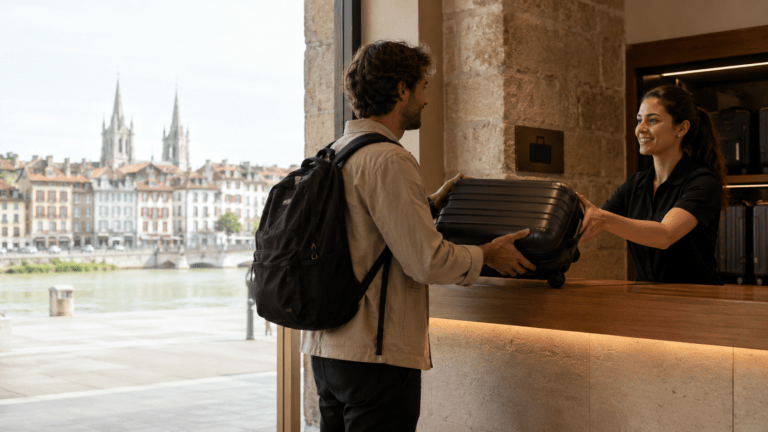 Traveler using luggage storage in Bayonne before exploring the Basque quarter and riverside
