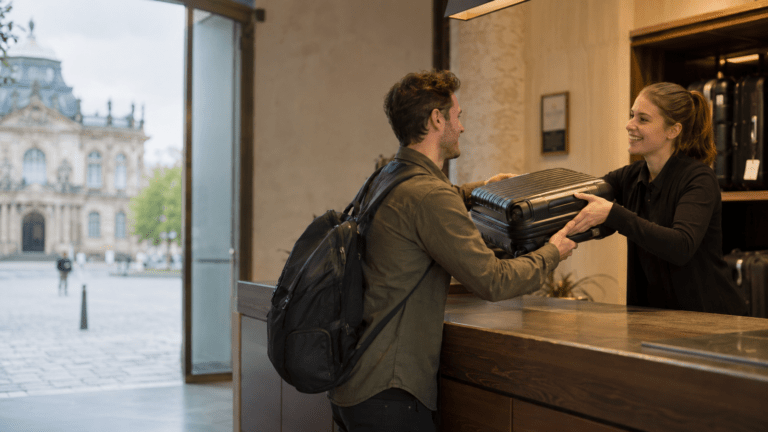 Traveler using luggage storage in Bayreuth before exploring the festival city and old town