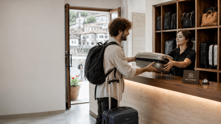 Traveller using luggage storage before exploring Berat Castle and Mangalem