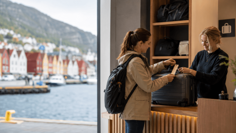 Traveler storing luggage in Bergen before exploring Bryggen and the fjord harbour