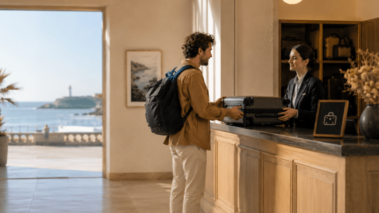 Traveller using luggage storage before exploring Biarritz seafront