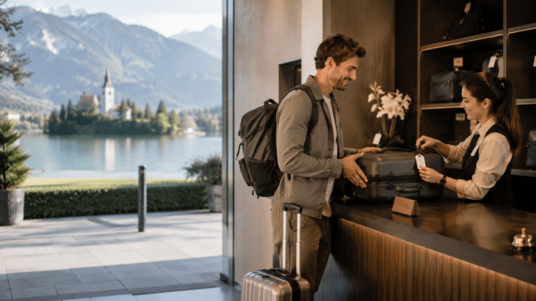 Traveler storing luggage in Bled before exploring the lake and castle