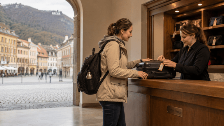 Traveler storing luggage in Brașov before exploring the Old Town and Mount Tâmpa
