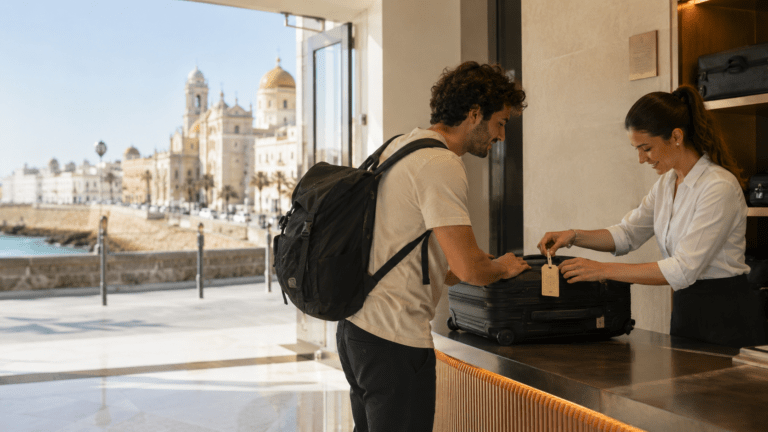 Traveler storing luggage in Cádiz before exploring the Old Town and seafront