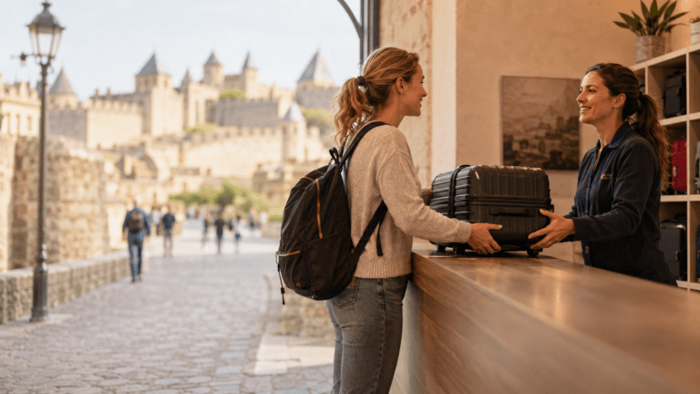 Traveler using luggage storage in Carcassonne before visiting the medieval citadel
