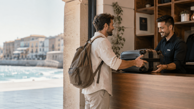 Traveller using luggage storage before exploring Chania Venetian Harbour