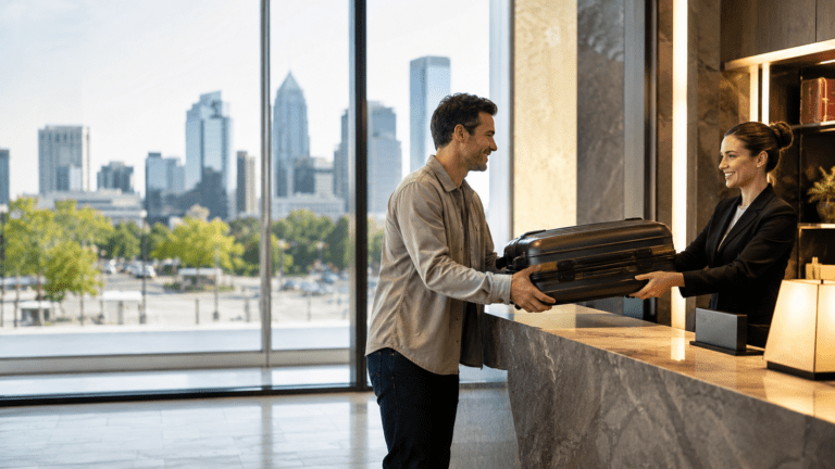Traveler using luggage storage in Charlotte near Uptown rail links and event venues