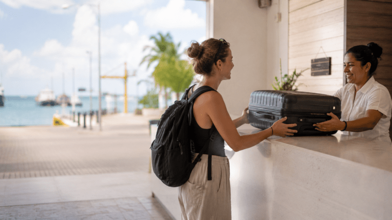 Traveler using luggage storage in Chiquila near Holbox ferry docks
