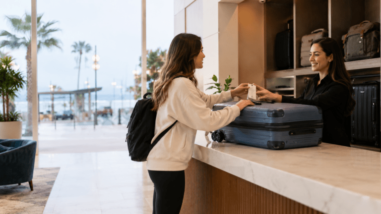 Traveler using luggage storage in Chula Vista near South Bay trolley and bayfront areas