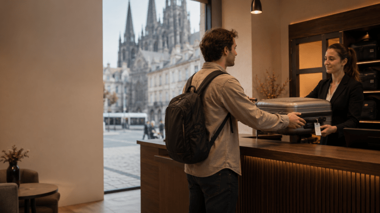 Traveller using luggage storage before exploring Clermont-Ferrand city centre
