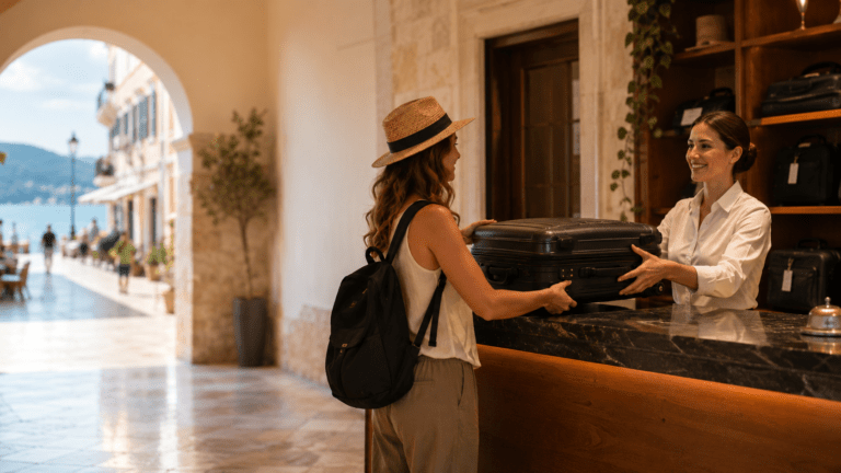Traveller using luggage storage before exploring Corfu Old Town